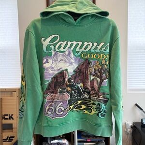 Green Campus Goods Hoodie with Route 66 Wolf Graphic